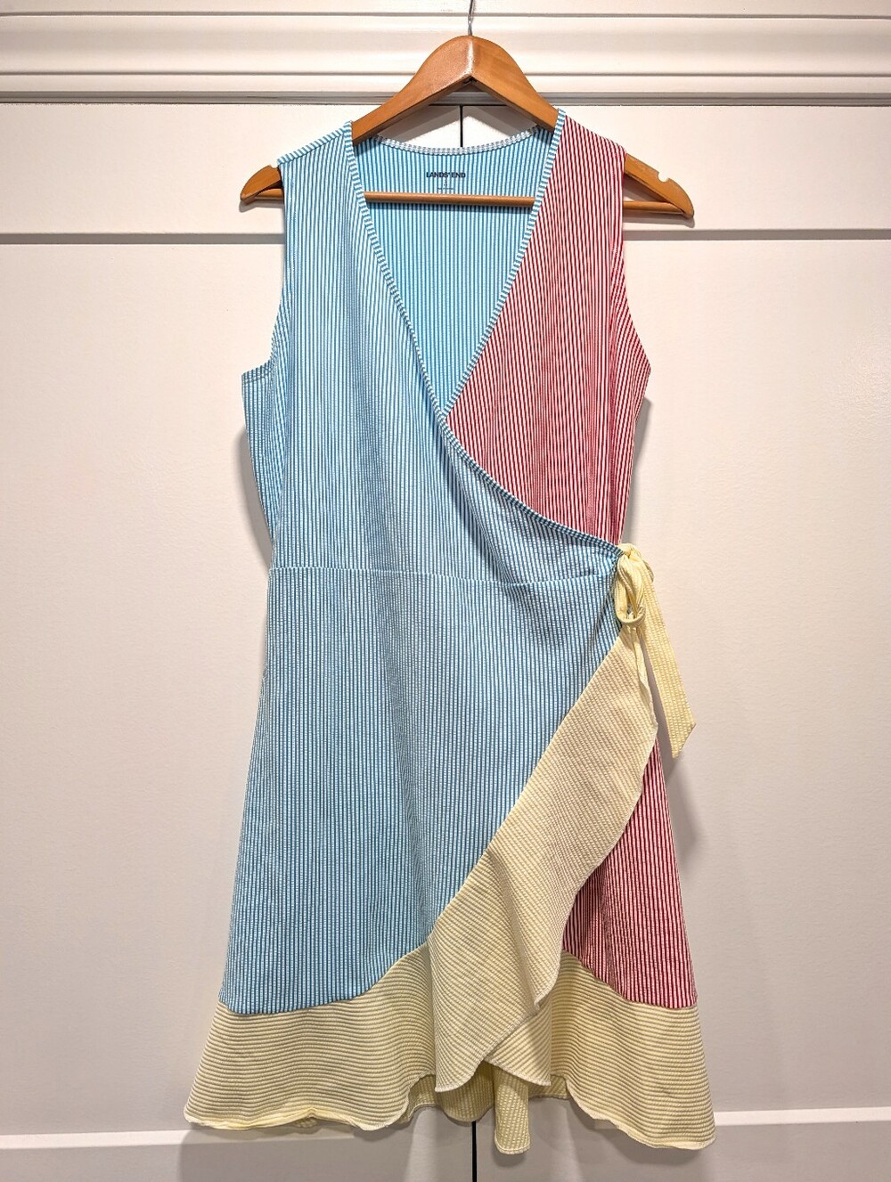 LANDS' END Women's Striped Colorblock Wrap Mini Dress in Blue, Pink & Yellow